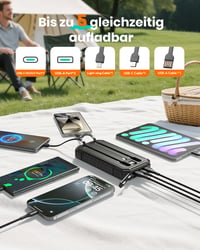 ADDTOP Solárna powerbanka 20000mAh, 15W rýchlonabíjanie, s 3 vstavanými káblami, LED svetlom, 5 výstupmi, čierna, nabíjačka pre iPhone a Android 4