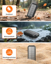 ADDTOP Solárna powerbanka 20000mAh, 15W rýchlonabíjanie, s 3 vstavanými káblami, LED svetlom, 5 výstupmi, čierna, nabíjačka pre iPhone a Android 7
