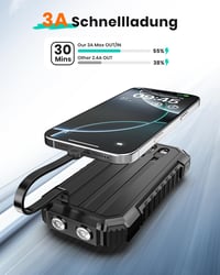 ADDTOP Solárna powerbanka 20000mAh, 15W rýchlonabíjanie, s 3 vstavanými káblami, LED svetlom, 5 výstupmi, čierna, nabíjačka pre iPhone a Android 3