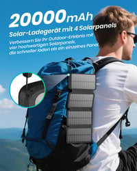 Solárna powerbanka ADDTOP 20 000 mAh – 22,5 W rýchlonabíjacia solárna externá batéria, 4 skladacie solárne panely, 2x USB-A, 1x USB-C, čierna, na kempovanie 5