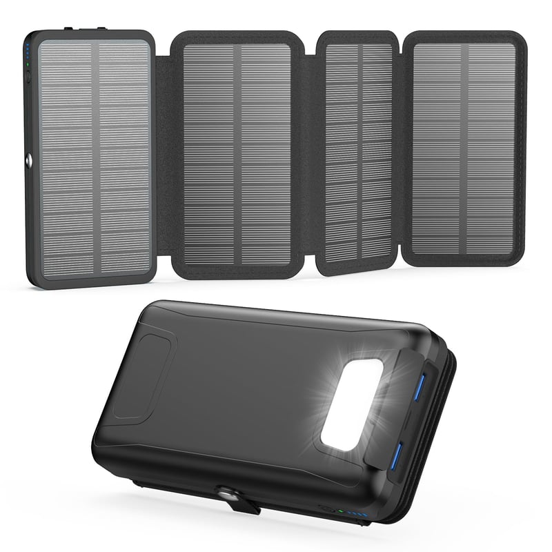 Solárna powerbanka ADDTOP 20 000 mAh – 22,5 W rýchlonabíjacia solárna externá batéria, 4 skladacie solárne panely, 2x USB-A, 1x USB-C, čierna, na kempovanie