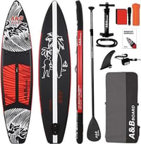 A&BBOARD Felfújható SUP Paddleboard Kezdőknek 350x81x15 cm, Fekete-Piros, 130 kg Teherbírás, Hátizsákkal, Evezővel és Kiegészítőkkel 1