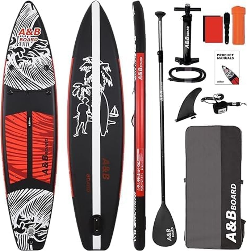 A&BBOARD Felfújható SUP Paddleboard Kezdőknek 350x81x15 cm, Fekete-Piros, 130 kg Teherbírás, Hátizsákkal, Evezővel és Kiegészítőkkel