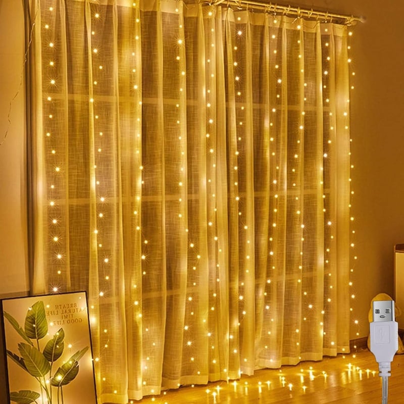 A.bigwhale 200 LED-es Tündérfény Függöny 2x2m USB Meleg Fehér Esküvő Parti Karácsony