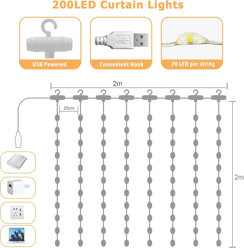 A.bigwhale 200 LED-es Tündérfény Függöny 2x2m USB Meleg Fehér Esküvő Parti Karácsony