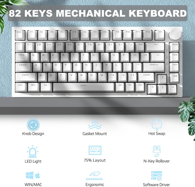 A.JAZZ AK820 75% TKL Mechanikus Billentyűzet, Hot-Swap Kék Switch, Gasket Mount, Fehér