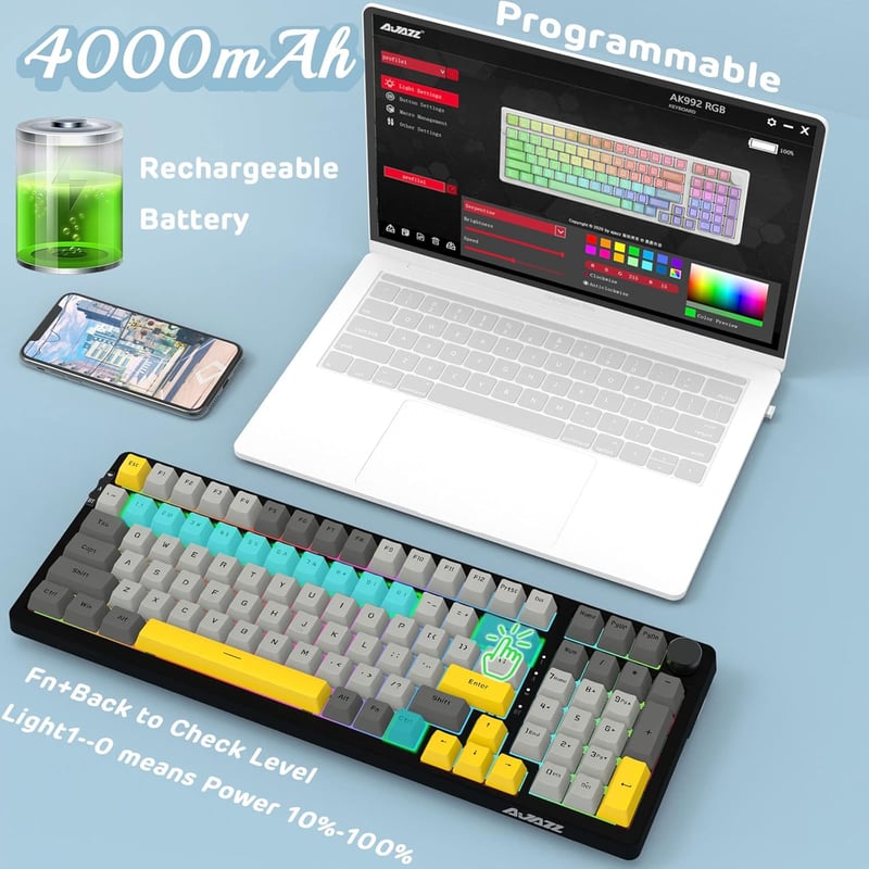 A.JAZZ AK992 Mechanikus Gaming Billentyűzet RGB, Gasket, Brown Switch, Vezeték Nélküli 2.4GHz/Bluetooth, PBT Billentyűk
