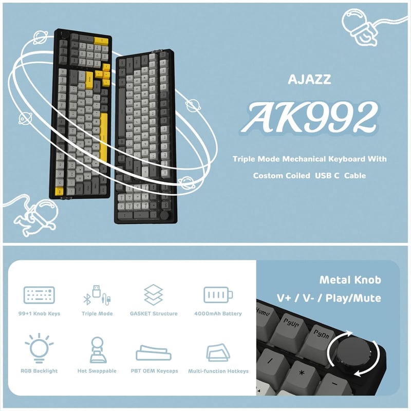 A.JAZZ AK992 Mechanikus Gaming Billentyűzet RGB, Gasket, Brown Switch, Vezeték Nélküli 2.4GHz/Bluetooth, PBT Billentyűk