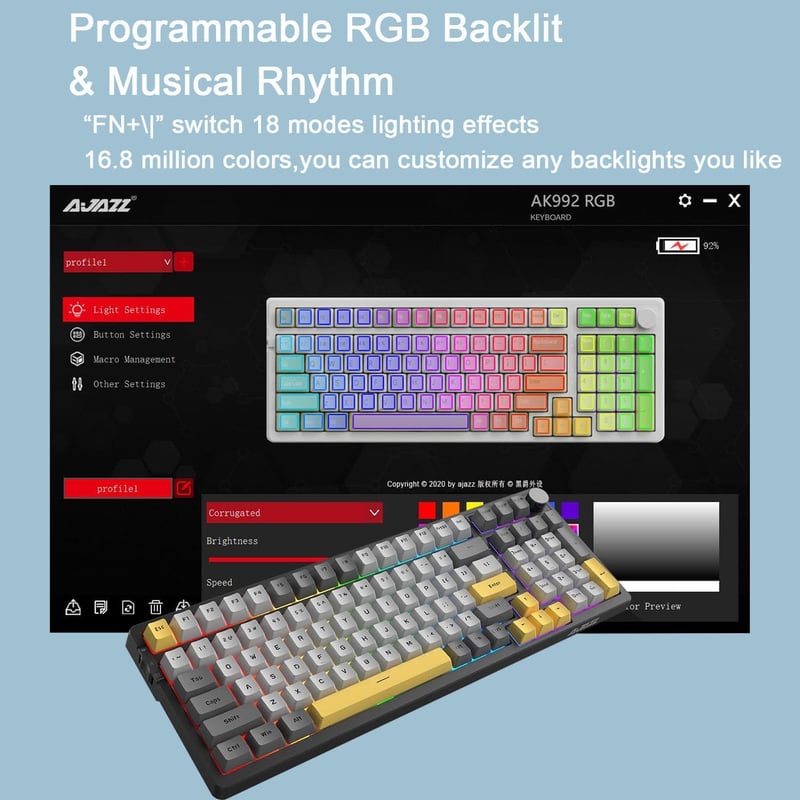 A.JAZZ AK992 Mechanikus Gaming Billentyűzet RGB, Gasket, Brown Switch, Vezeték Nélküli 2.4GHz/Bluetooth, PBT Billentyűk