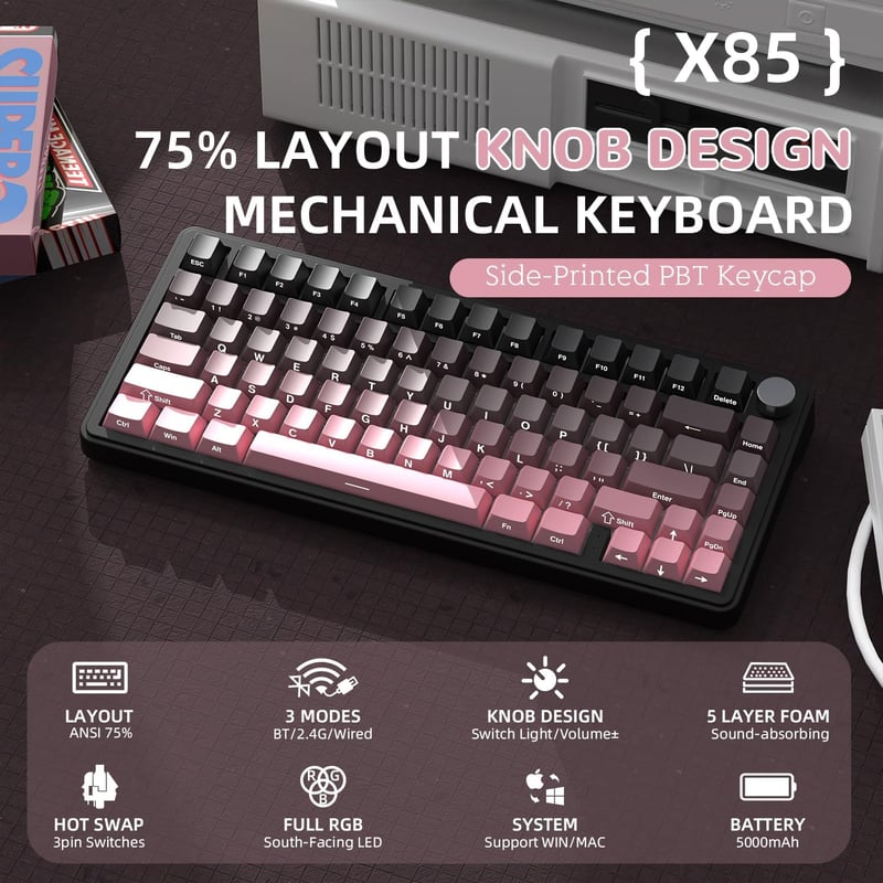 A.JAZZ Attack Shark X85 Mechanikus Gamer Billentyűzet 75% Wireless RGB - White Jade Switch