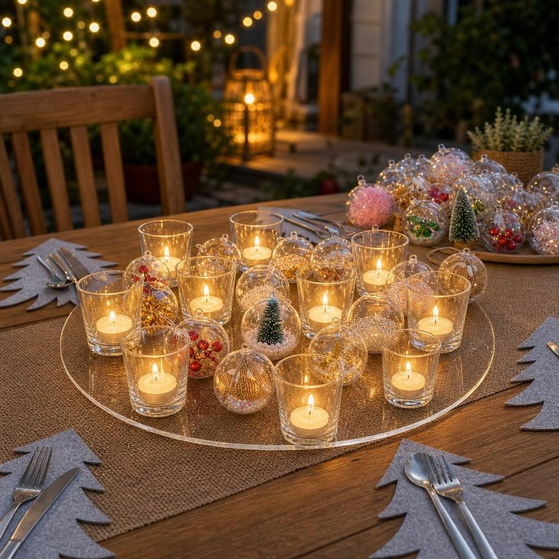Set decor masă Crăciun: disc acril 300mm + 20 suporturi lumânări + 25 globuri + suport tacâmuri pâslă