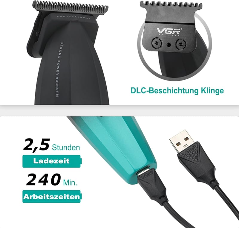 VGR 906 Professzionális Hajvágó, 9000 RPM T-Pengés Vezeték Nélküli Szakállvágó, 240 Perces Üzemidő, USB Tölthető, Zöld