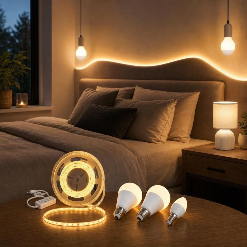 Pachet iluminat dormitor: 1x bec E14 + 2x bec E27 + bandă LED WiFi 5m + lampă cu abajur textil
