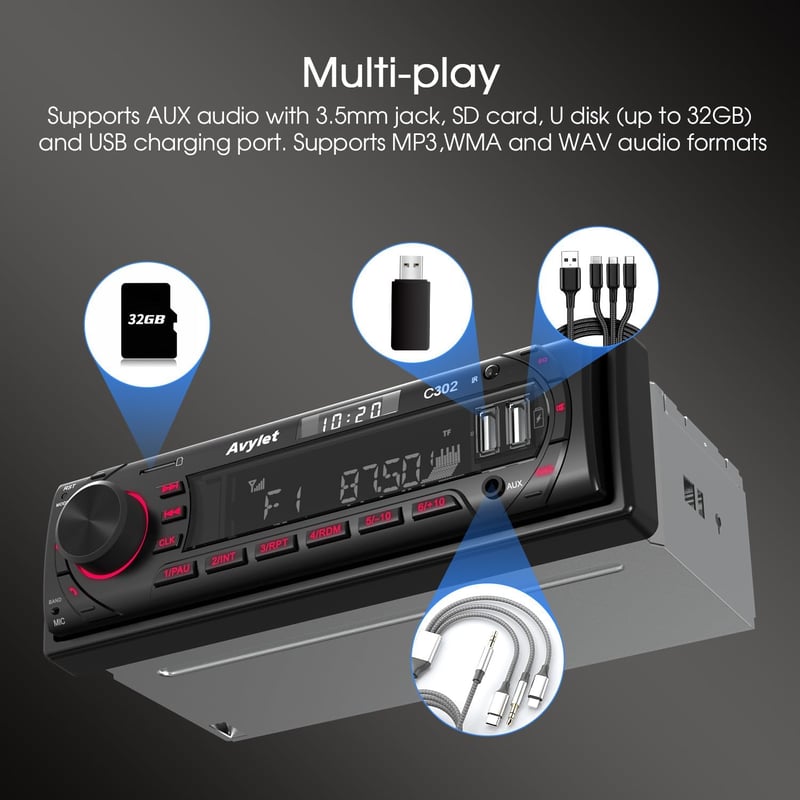 Avylet 1 DIN autórádió Bluetooth kihangosítóval, 7 színű FM/AM, 2 USB, AUX, SD