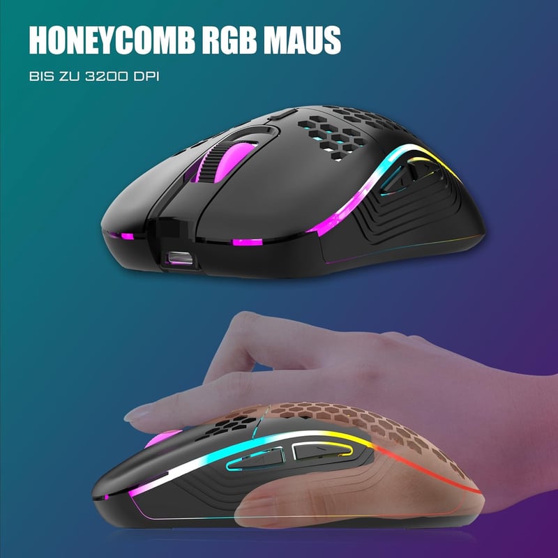 RedThunder 75% Vezeték Nélküli Gamer Billentyűzet és Egér Szett, QWERTZ DE Kiosztás, TKL Kompakt Újratölthető, 7200DPI Méhsejt Kialakítású  - black