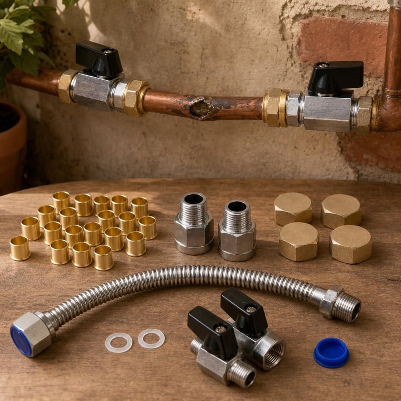 Set za hitne popravke cijevi: 2 kuglasta ventila + 20 brtvi + 4 kapice + 40 cm crijeva + 2 adaptera + ventil