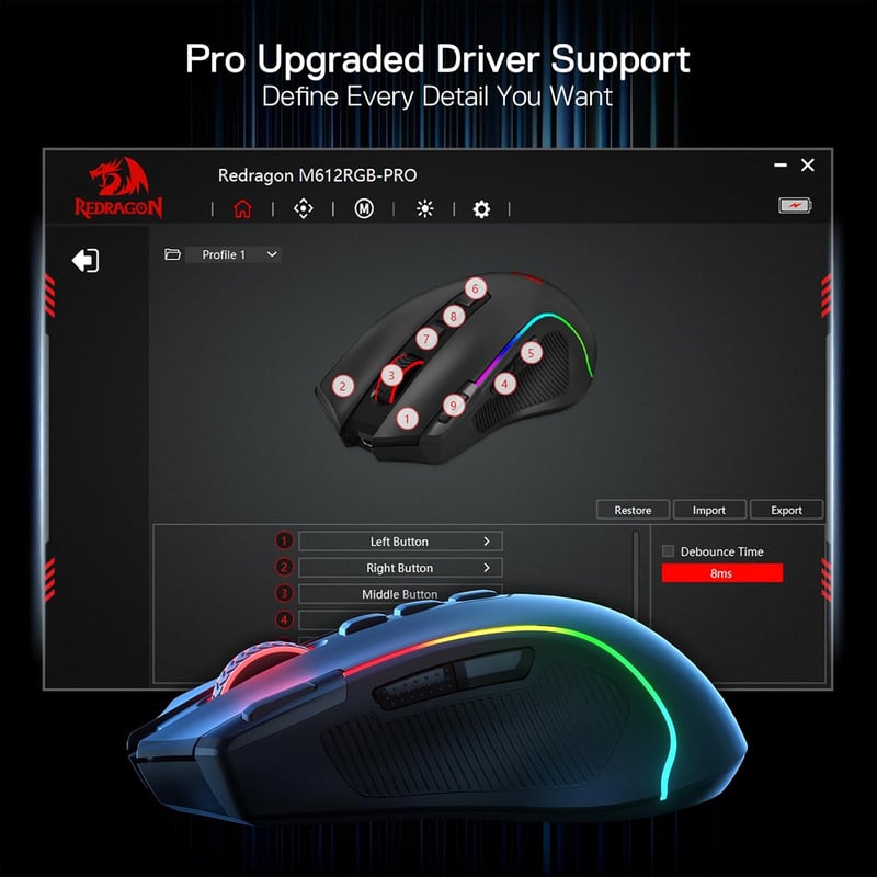Redragon M612 PRO RGB Gamer Egér 8000 DPI Vezetékes/Vezeték Nélküli 9 Programozható Gombbal, 6 Háttérvilágítási Móddal, Bluetooth és 2.4G Ka