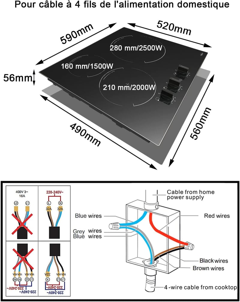 Beépíthető 60 cm-es indukciós főzőlap, 3 zónás, 9 fokozatú, 6000W