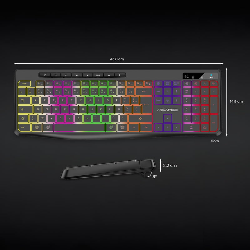 AD ADVANCE R Type Vezeték Nélküli Billentyűzet - Csendes, Tölthető, RGB Háttérvilágítás, Francia Kiosztás, Windows/Mac Kompatibilis
