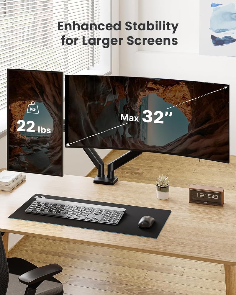 ErGear Dupla Monitortartó 17-32 Colos Képernyőkhöz, Gázrugós Karos Állvány, 2x10kg Teherbírás, VESA 75/100, Asztali Rögzítés, Fekete