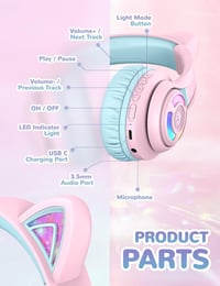 iClever LED-es macskafüles Bluetooth gyerek fejhallgató, hangerőkorláttal, 50 órás üzemidővel 5