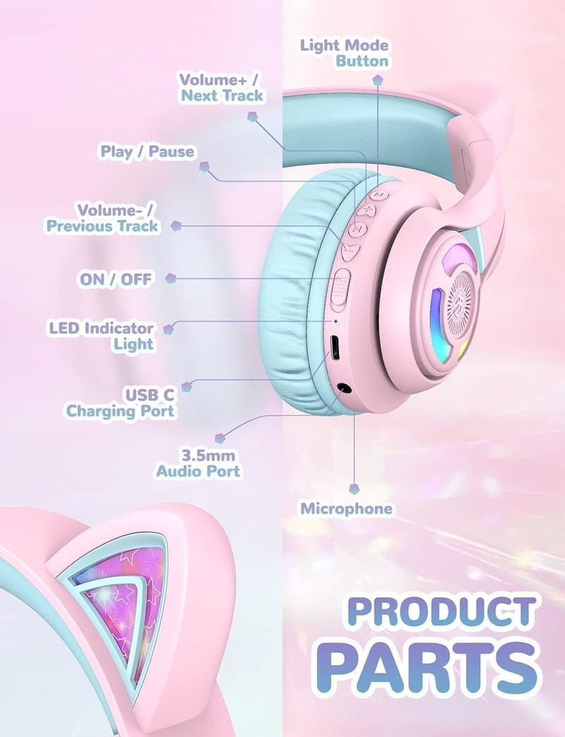 iClever LED-es macskafüles Bluetooth gyerek fejhallgató, hangerőkorláttal, 50 órás üzemidővel