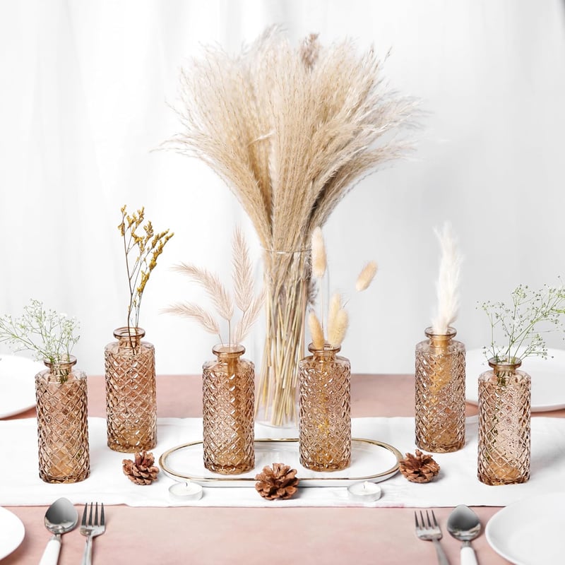 Winter Shore Borostyán Üveg Váza Szett (6 db) - Vintage Gyémánt Mintás Dekoráció - Asztali Váza Virágokhoz, Pampafűhöz - Esküvői, Otthoni Dí