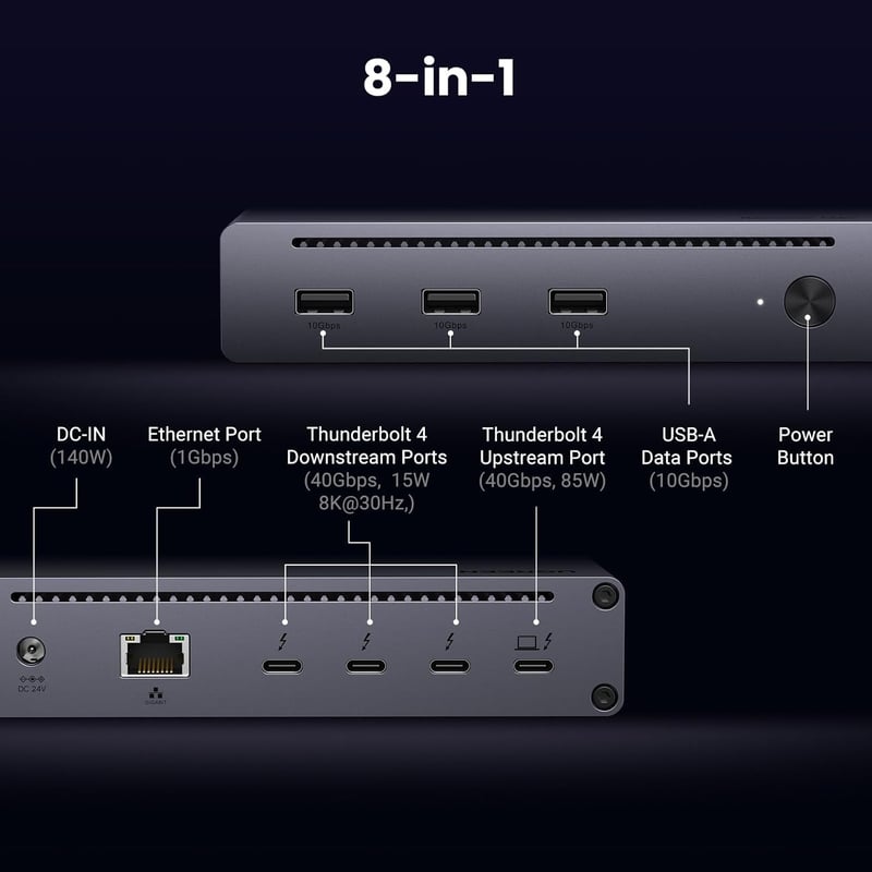 UGREEN Revodok Max 208 Thunderbolt 4 Dokkoló - 40Gbps, 3 TB4 Port, Dual 4K@60Hz/8K Kijelző, 85W Töltés, Gigabit Ethernet, Mac Mini M4 Pro Ko