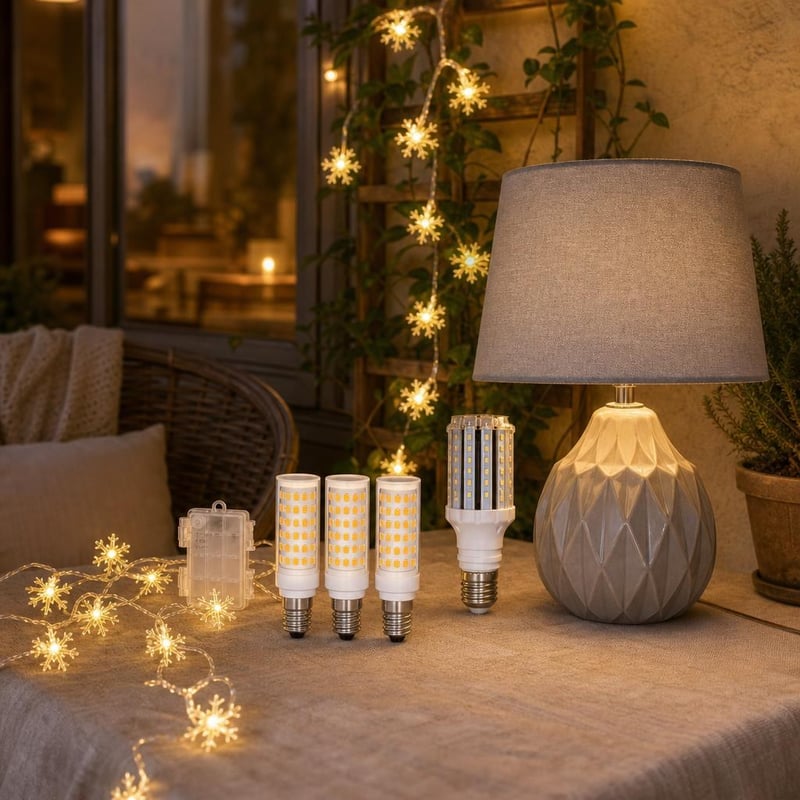 Večernja čarolija: 3x E14 LED + 1x E27 LED + svjetlosni niz pahuljice + keramička stolna lampa