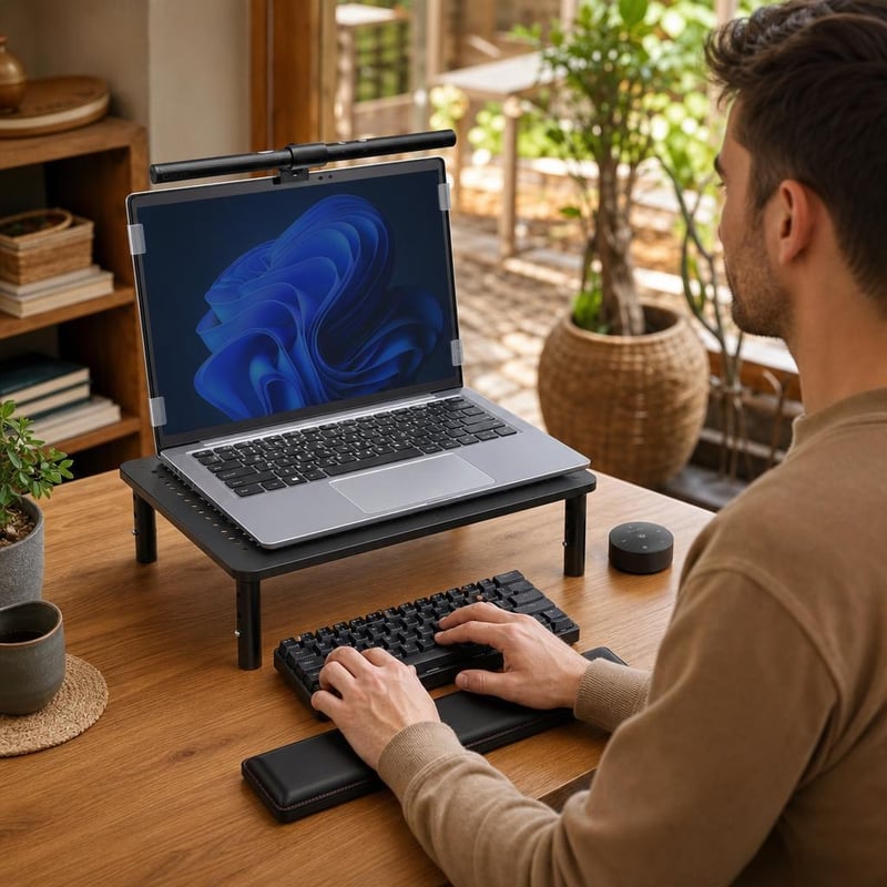 Ergonomický pracovný kútik: filter + lampa + stojan + opierka