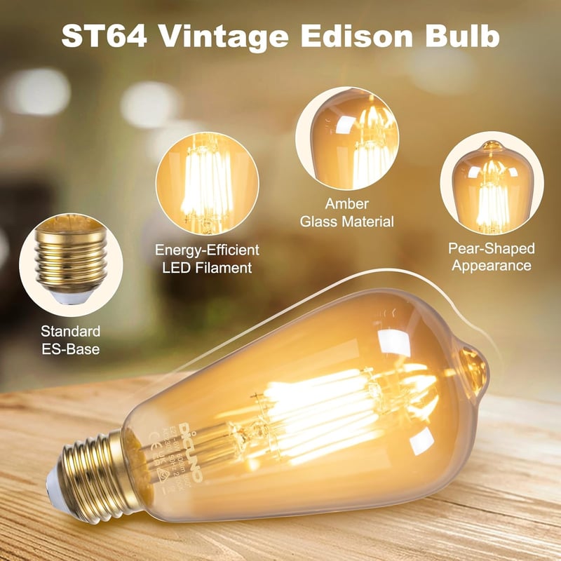 DiCUNO Edison Vintage LED Izzó E27 Foglalattal - ST64 Filament, 6W, 2200K Meleg Fehér, 600 Lumen, Retro Dekoratív Lámpa Otthonba, Kávézóba, 