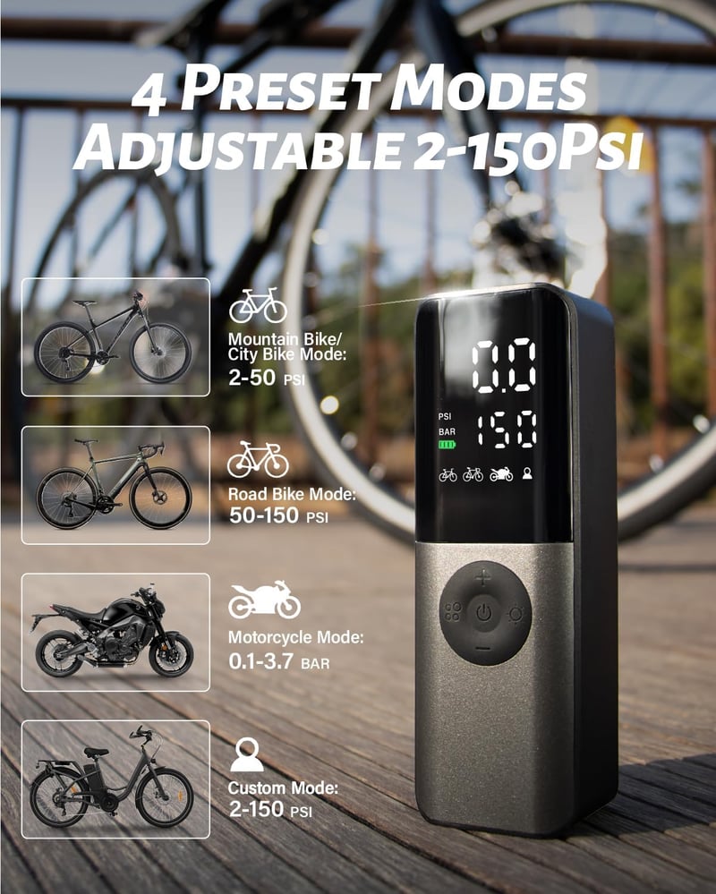 GPUTEK Elektromos Kerékpárpumpa 150PSI - Digitális Nyomásmérővel, USB Töltés
