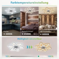 Revneey LED Mennyezeti Ventilátor Lámpával - 66W Szabályozható Fényerő, 3000-6000K, 6 Fejes Virág Dizájn, Csendes, Fehér, 78x15cm, Nappali é 4