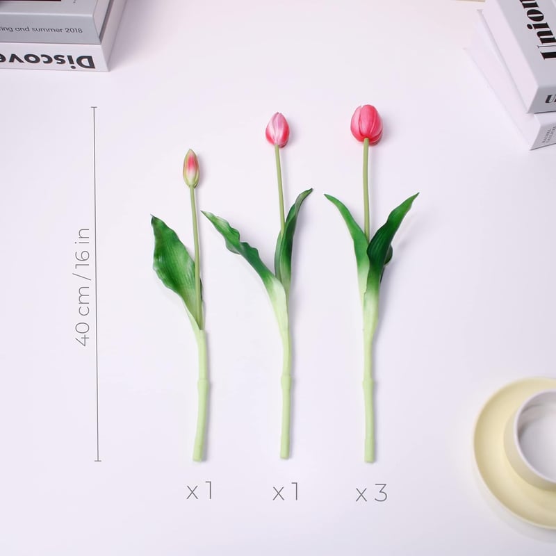 WAKISAKI 40 cm-es Élethű Műtulipán Szett - 5 db Élénk Rózsaszín Virág Valódi Tapintással, Hajlítható Szárral, Váza Nélkül
