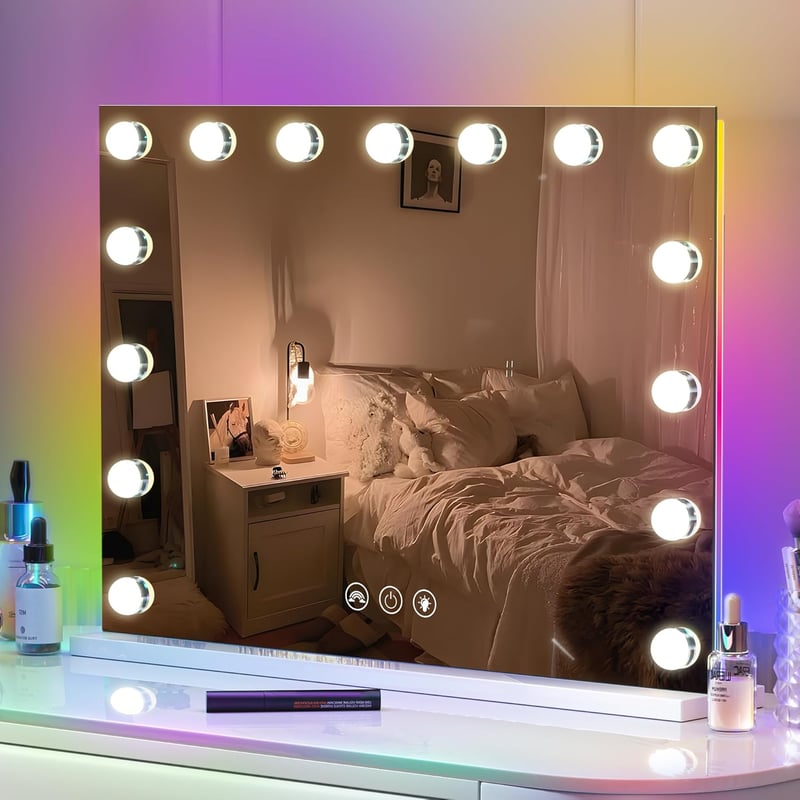 RGB Sminktükör LED Világítással - 65*56 cm - 15 Fényerőszintű Hollywood Tükör 3 Színhőmérséklettel, Érintésvezérléssel
