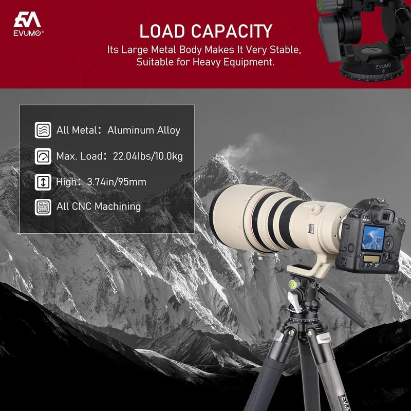 Cap trepied video EVUMO - Cap panoramic 360° cu placă rapidă, pentru GoPro, DSLR și camere video, sarcină maximă 10 kg, mâner reglabil, 47