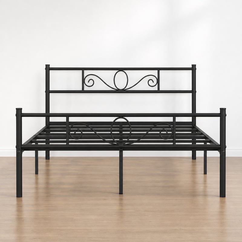 Kovový rám postele Yaheetech 160x200 cm, čierny s kvetinovým vzorom — poškodený, čiastočne funkčný: vytrhnutá skrutka, bez návodu (stav: pozri 2. obrázok)