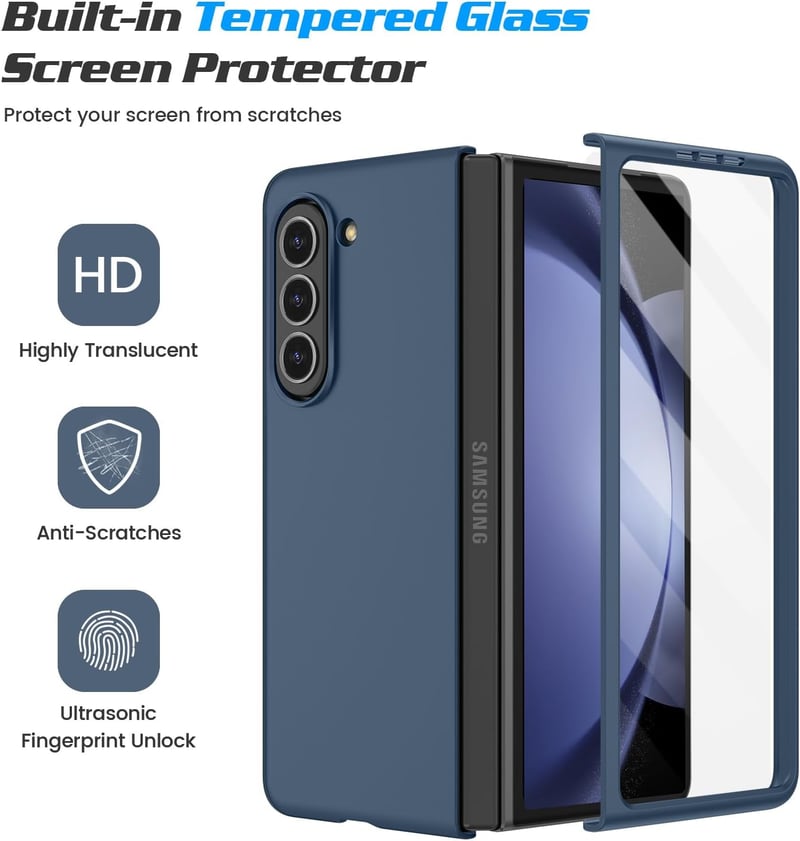 Doeshine Samsung Galaxy Z Fold 5 Tok Edzett Üveg Előlapi Képernyővédővel - Ultravékony PC Karcálló Védőtok, Ütésálló Mobiltelefon Tok, Kék