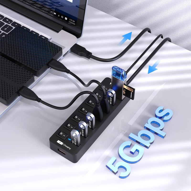 VEMONT 7 portos USB 3.0 hub aktív tápegységgel és intelligens töltőporttal