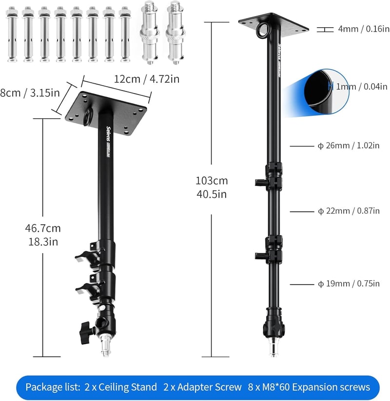 2 db Selens Falra Szerelhető Boom Kar 103 cm - Fotó Stúdió Mennyezeti Rögzítő Kar Állítható Hosszal, 3/8" és 1/4" Adapterrel Lámpákhoz, Ernyőkhöz - L-1000Dx2