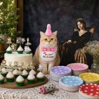 Set petrecere animale: bandană + coif + fundal foto + 24 decorațiuni tort + jucărie pisică + 80 farfurii 1