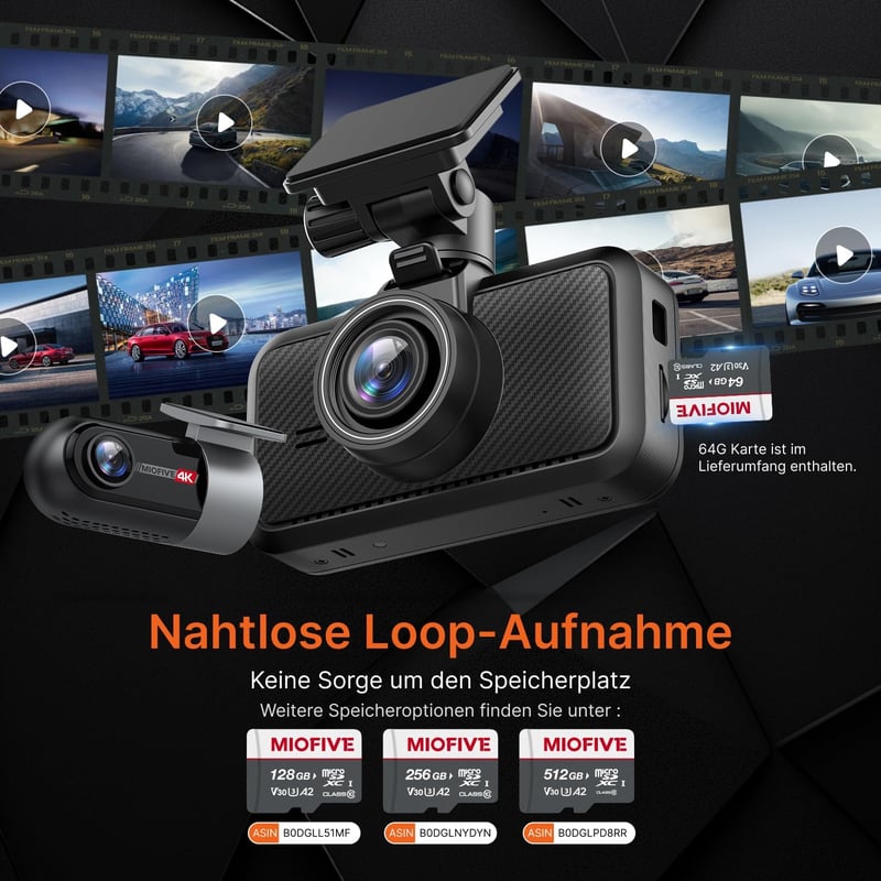 Miofive S1 Ultra 4K+4K Autós Menetrögzítő Kamera, Első-Hátsó GPS, 5.8GHz WiFi, Éjjellátó, 3" IPS Kijelző, 64GB Kártya, HDR, Applikáció