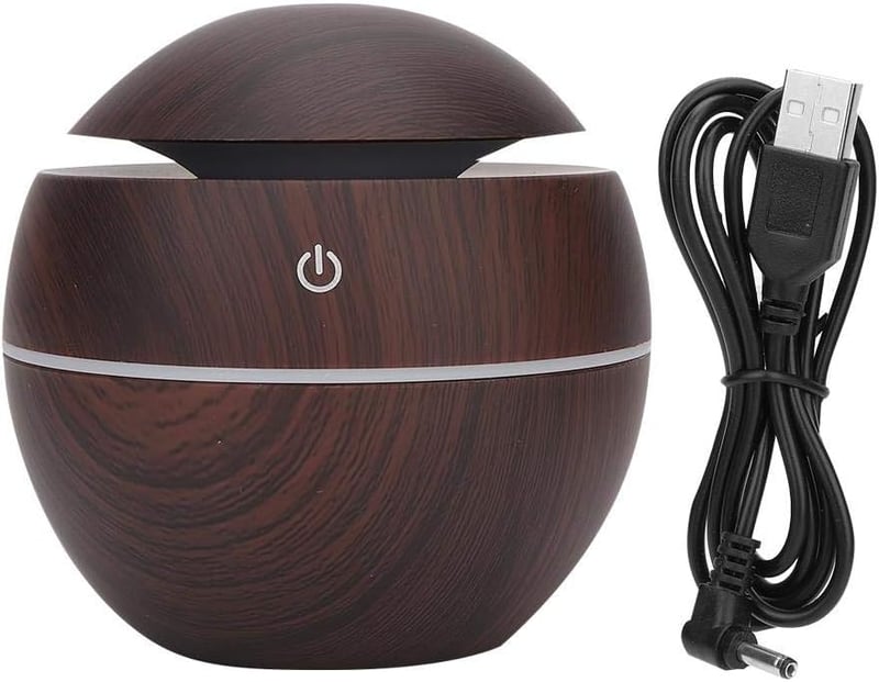 Akozon Gömb Alakú USB Párásító Diffúzor - Csendes Légtisztító Otthonra és Irodába - 130ml Tartály, Automata Kikapcsolás, Sötét Fa Mintázat