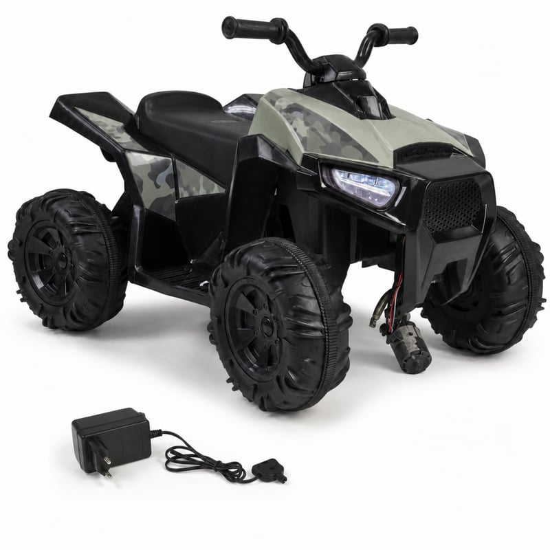 Quad electric pentru copii Feber Quad Boxer 12V – defect, funcționează parțial: lipsesc piese, motor de antrenare suspendat (stare: vezi a doua imagine)