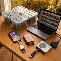 Expedícia na zálohu fotiek: 1x čítačka, 1x adaptér, 1x SSD box, 1x puzdro, 4x box 1