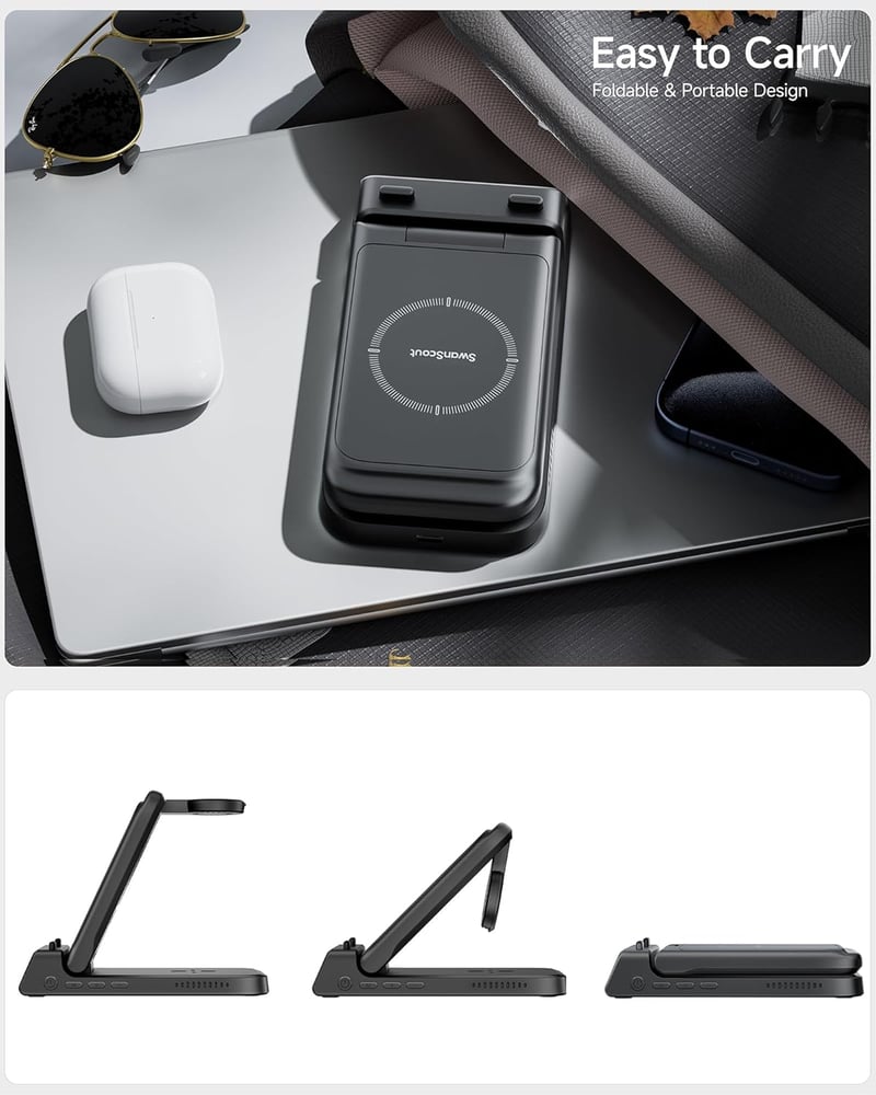 SwanScout 3az1-ben iPhone Apple Watch AirPods Pro vezeték nélküli töltőállomás fekete