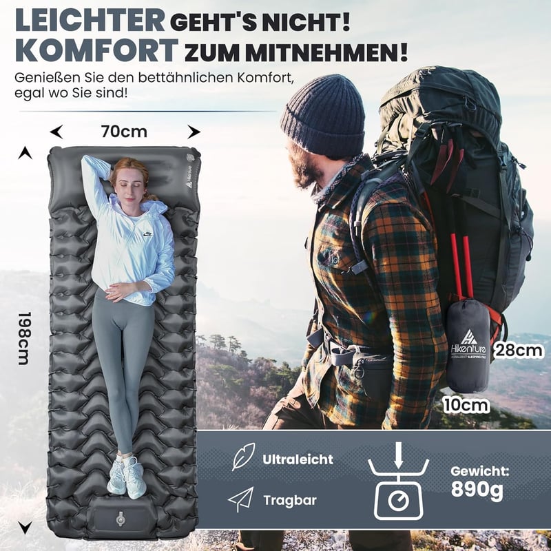 HIKENTURE Önfelfújó Kempingmatrac 10 cm Vastag, Beépített Lábpumpával, Csúszásgátló Felülettel, Kompakt Méretű Túramatrac Kültéri Alváshoz, 