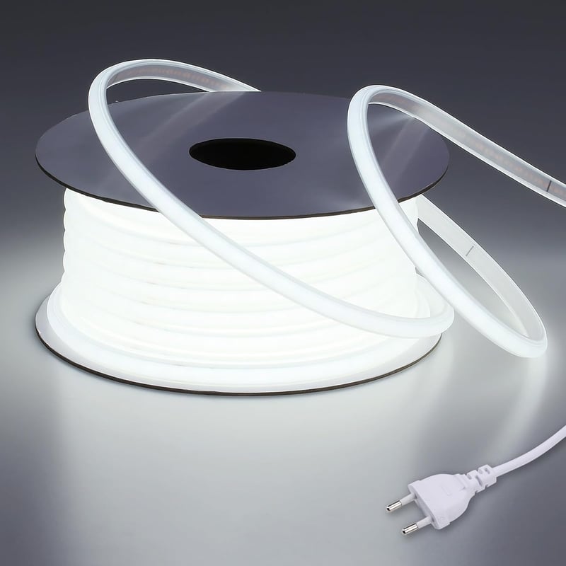 BENLUN 20m-es Vízálló COB LED Szalag, 6000K Hideg Fehér, IP65 Védelemmel, Flexibilis Vágható, 220V-os, Transzformátor Nélküli, Dugóval, Épít