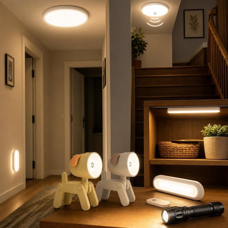 Balík osvetlenia: 2x stropné svietidlo + senzor + 2x nočná lampa + svetlo do skrine + baterka