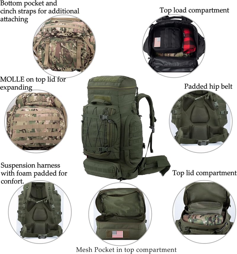 BACKFERRY Nagy Katonai Hátizsák 80L - Taktikai Túrazsák Terepszínű Kivitelben - Kemping, Túrázás, Bushcraft Kalandokhoz - Unisex Hátizsák